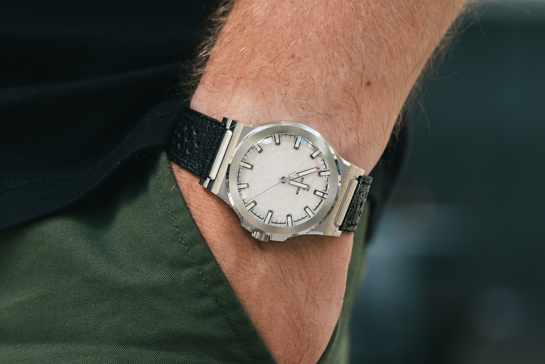 Straum Jan Mayen white dial strap adaptors pocket shot