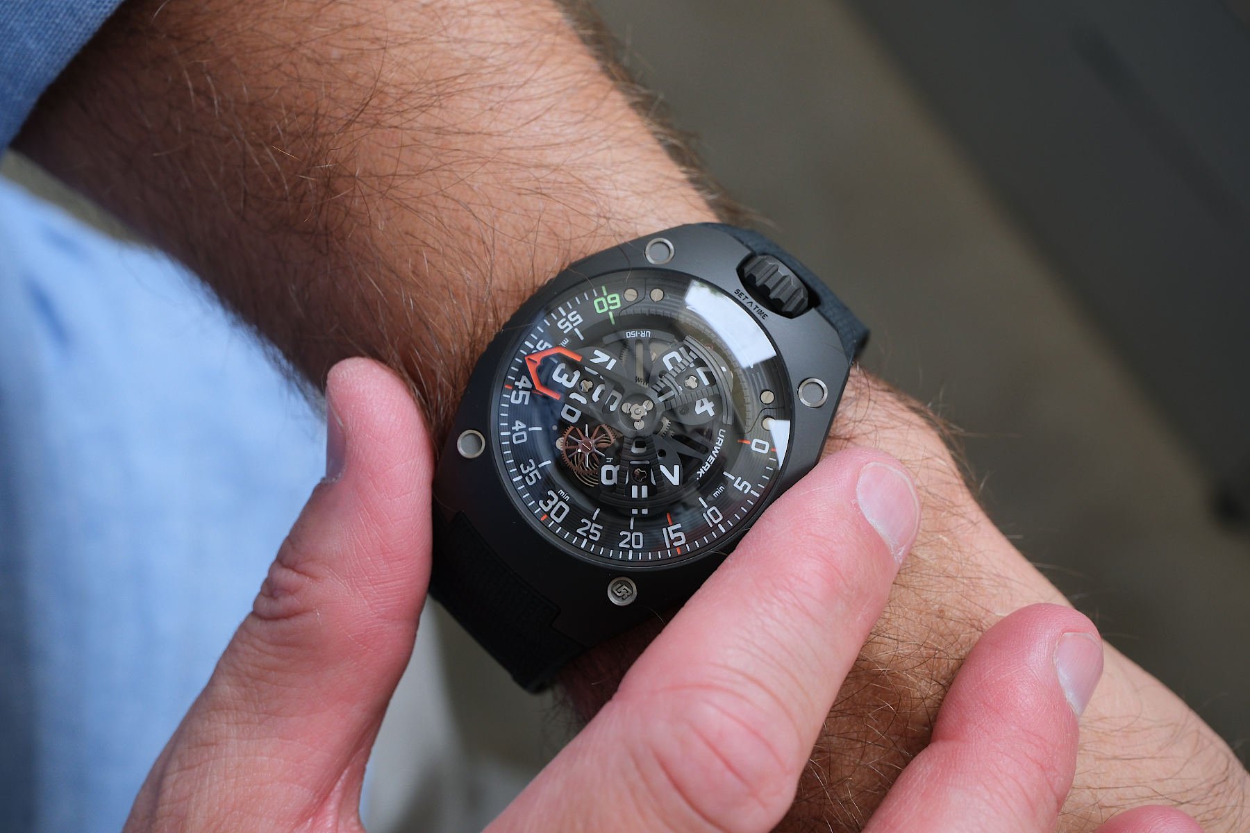 Urwerk UR-150 Scorpion Dark on wrist