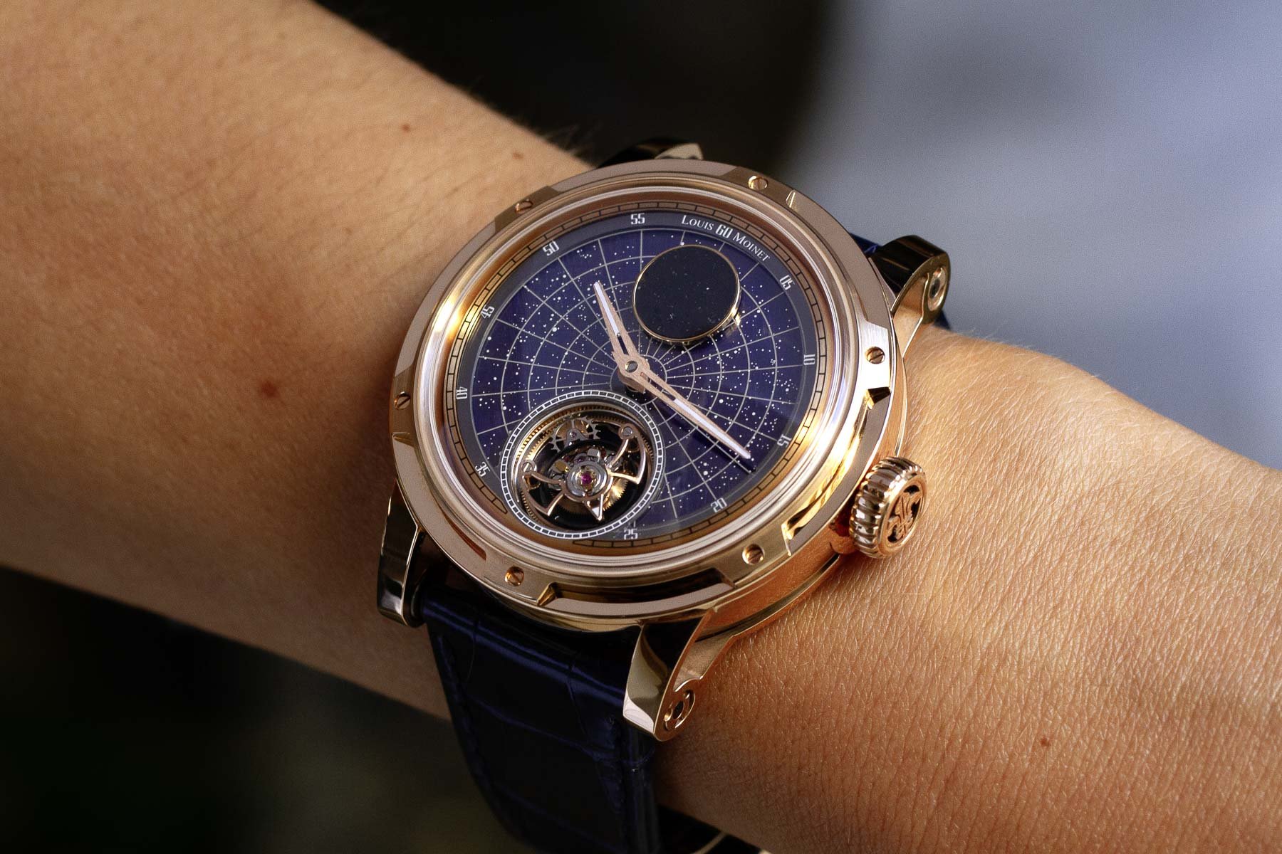 Louis Moinet Starman rose gold on wrist