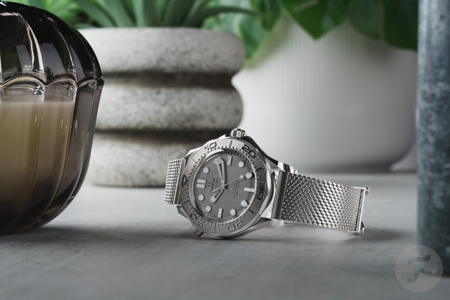 Omega Seamaster Diver 300M "Silver Surfer" on table, crown up