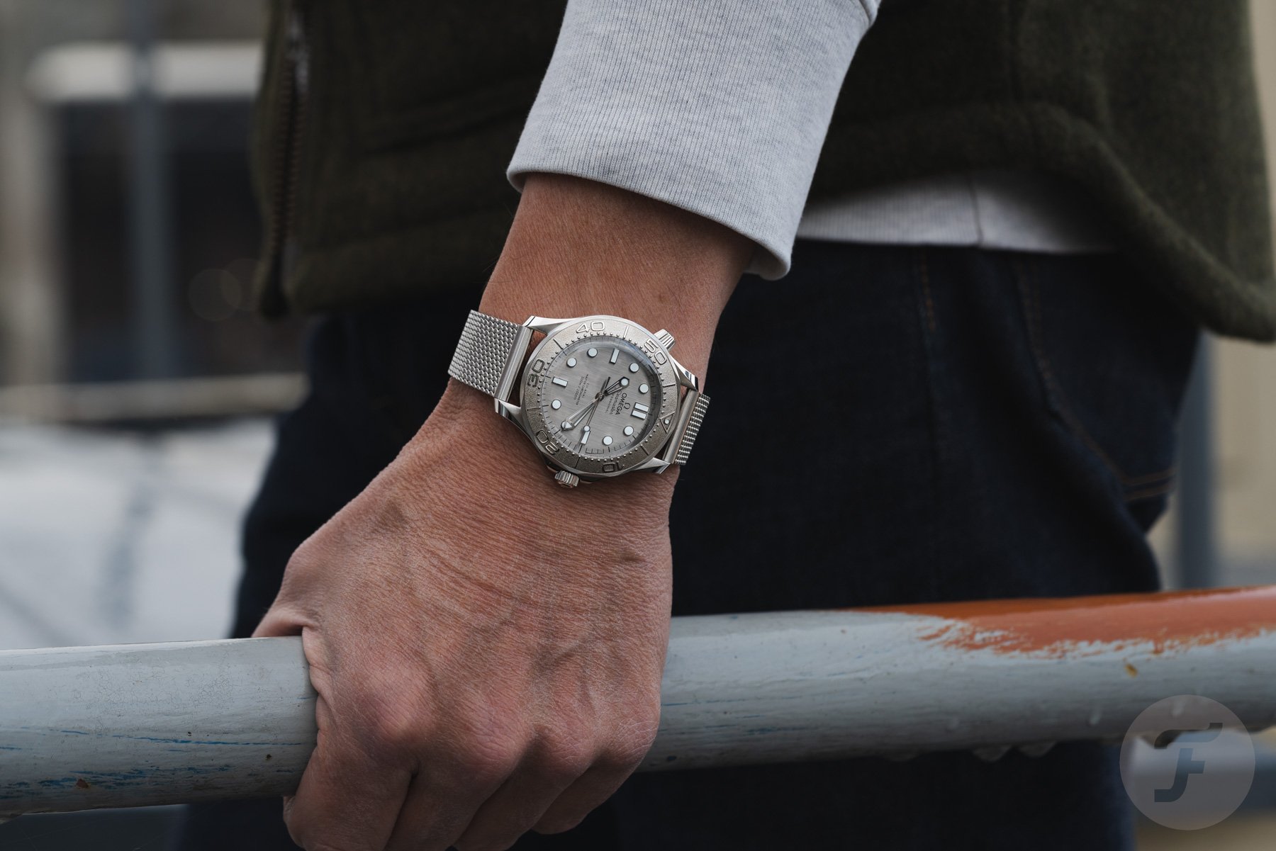 Omega Seamaster Diver 300M "Silver Surfer" on-wrist lifestyle shot