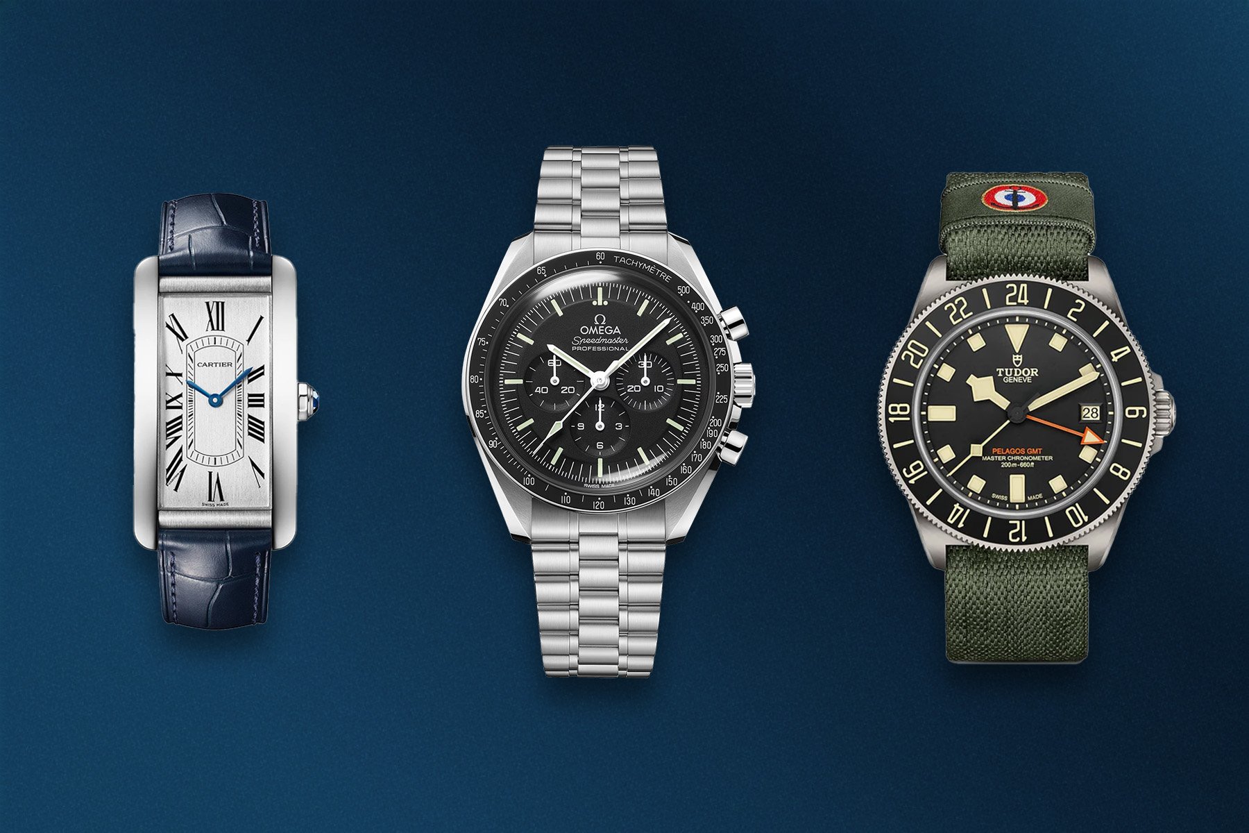 Fratello Talks: Fratello Talks: Building A €15,000 Watch Collection header image with Cartier Tank Americaine, Omega Speedmaster Professional, and Tudor Pelagos FXD GMT